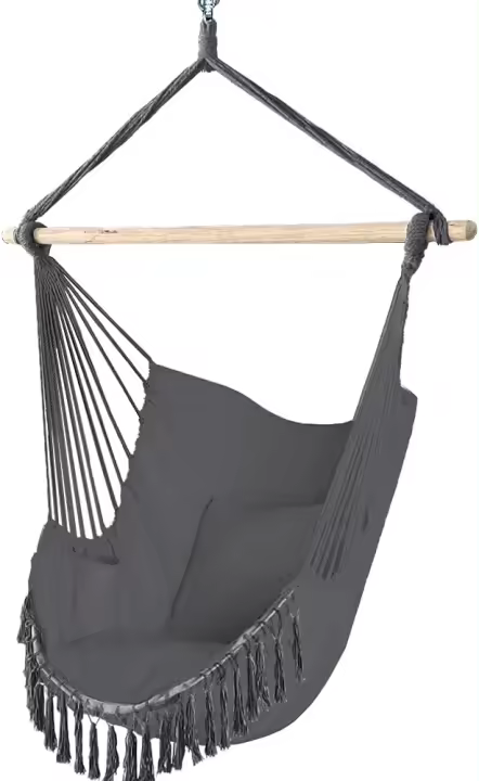 Silla Colgante Exterior con Flecos, Silla Hamaca Columpio de Algodón con 2 Cojines, Barra Separadora de Madera, Hamaca Portátil para Interior y Exterior, Gris - 1