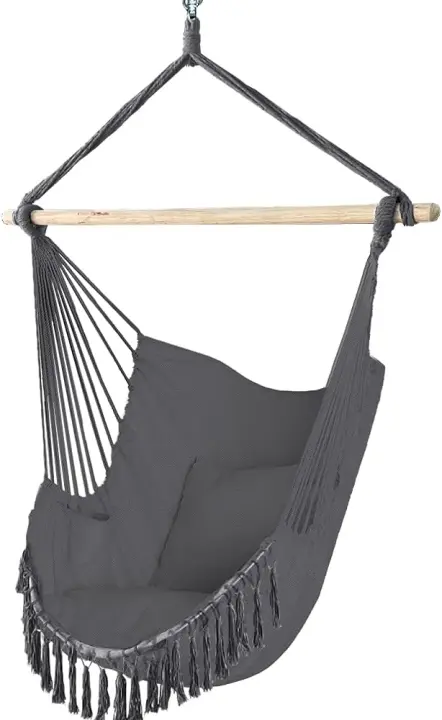 Silla Colgante Exterior con Flecos, Silla Hamaca Columpio de Algodón con 2 Cojines, Barra Separadora de Madera, Hamaca Portátil para Interior y Exterior, Gris - 1