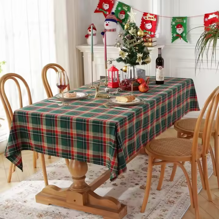 Mantel de Mesa de Cuadros de Navidad Tejido de Poliéster y Algodón en Rojo y Verde para Hogar y Fiestas - 1