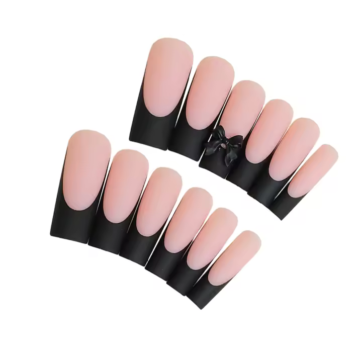 Uñas postizas francesas largas con punta negra a prueba de manchas, salón de uñas para mujeres y niñas - 1