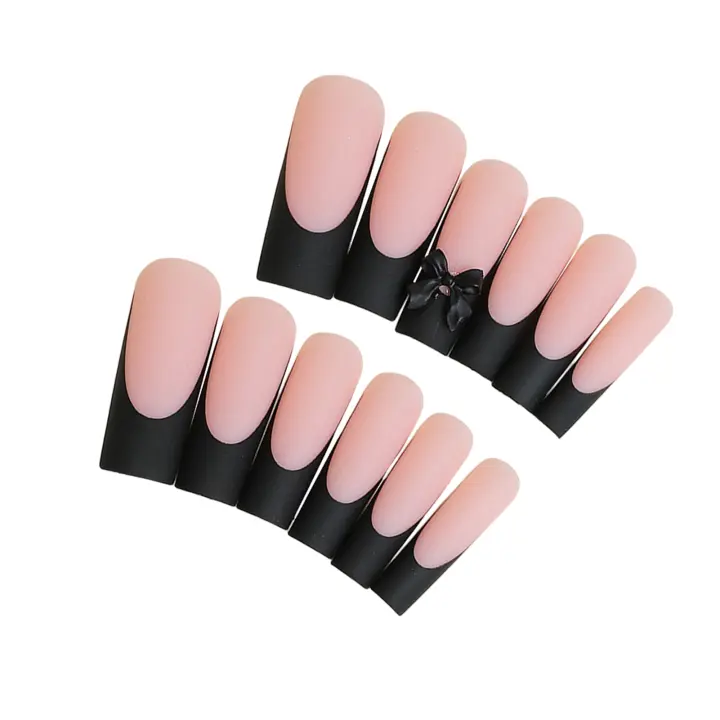 Uñas postizas francesas largas con punta negra a prueba de manchas, salón de uñas para mujeres y niñas - 1