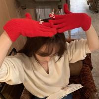 Preciosos guantes de punto con lazo de perlas y pantalla táctil, guantes de invierno de Color sólido con lazo para mujer, manoplas cálidas a prueba de viento para mujer - details 14