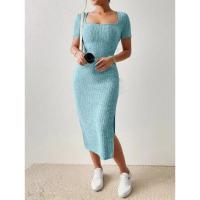 Cuello cuadrado de verano, falda de longitud media que abraza la cadera, manga corta, vestido con abertura de punto versátil - details 10