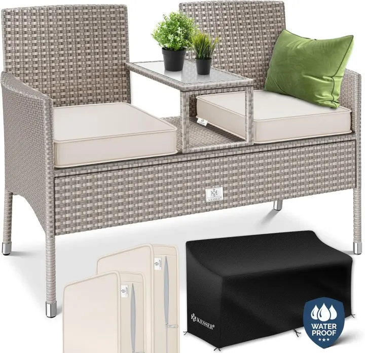 Banco de jardín de poliratán de 2 plazas, con mesa y cojines integrados - 133 x 63 x 84 cm - Banco de ratán Sofá de jardín Juego de asientos resistente a la intemperie, gris - 1