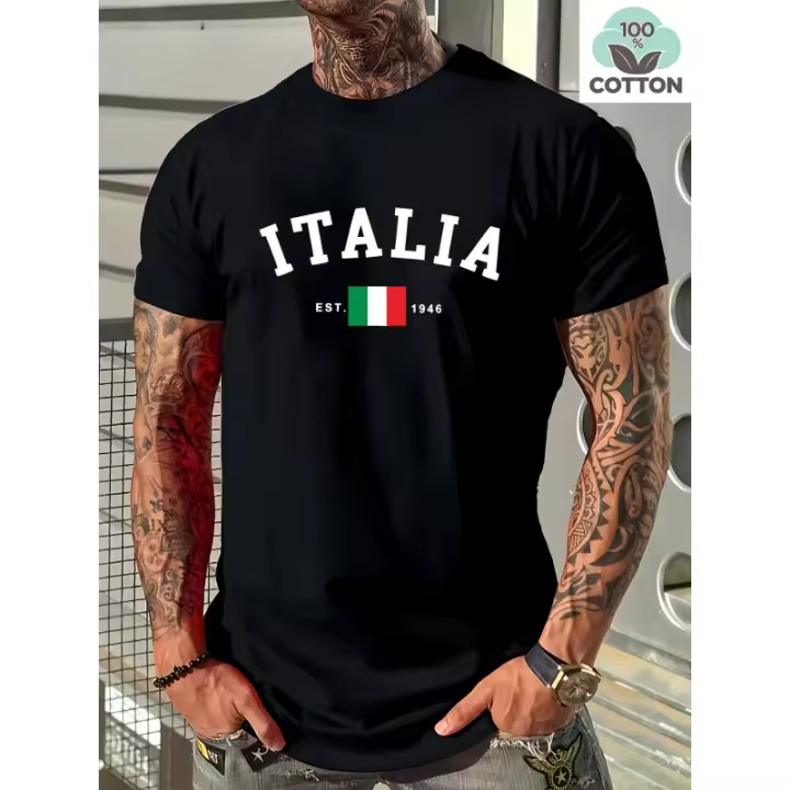 Camiseta de hombre 100% algodón puro, cuello redondo casual, impresión de letras no transparente, lavable a máquina - 180g - 1
