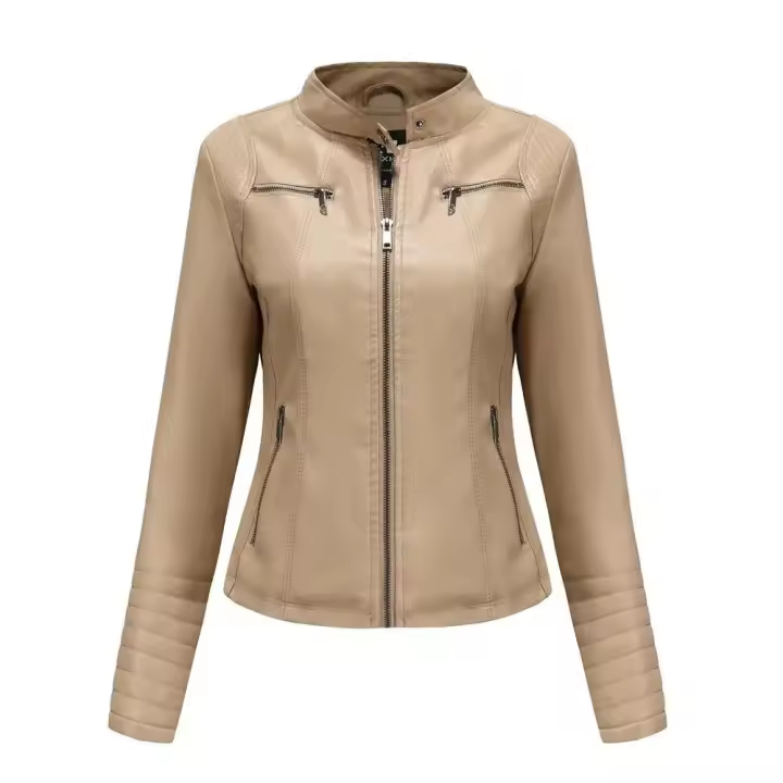 Chaqueta de cuero PU estampada con cuello levantado para mujer, delgada, primavera y otoño - 1