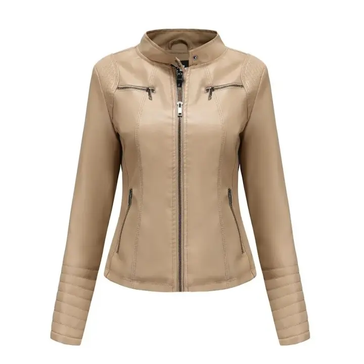 Chaqueta de cuero PU estampada con cuello levantado para mujer, delgada, primavera y otoño - 1