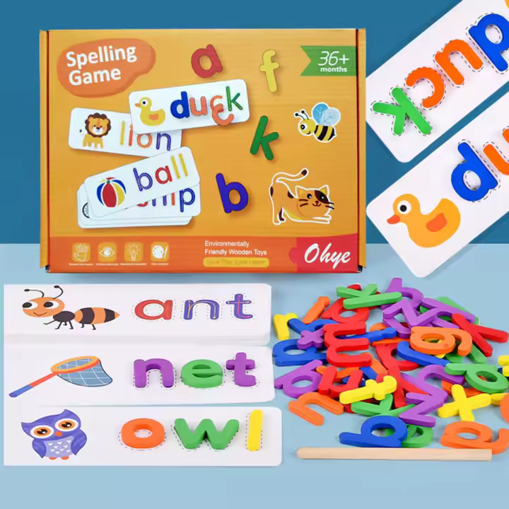 Alfabeto Inglés de madera, juguetes educativos de aprendizaje de palabras de ortografía para niños, juegos de rompecabezas - 1