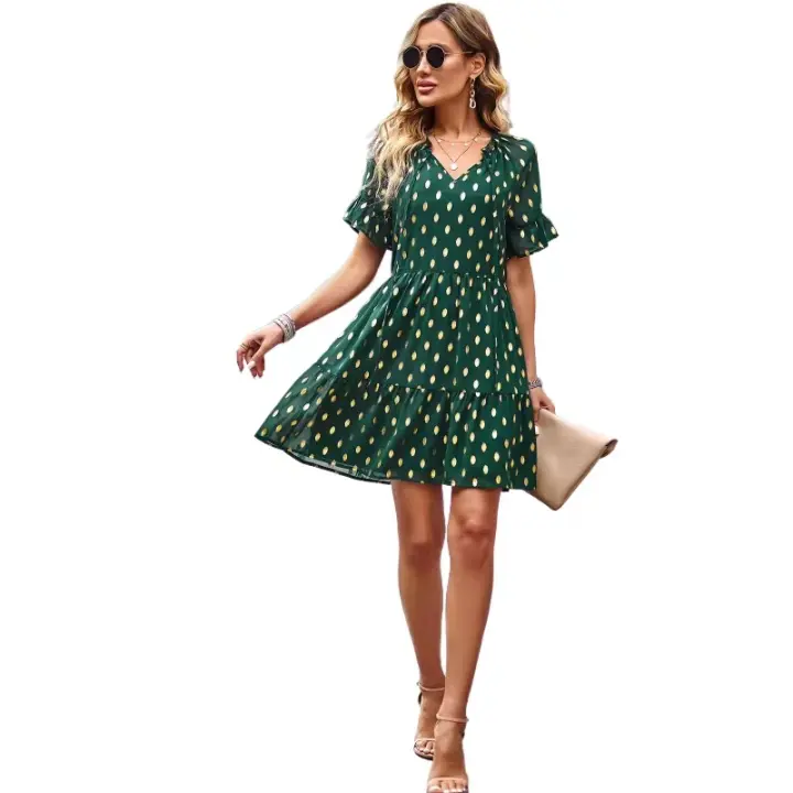 Vestido de manga corta con cuello en V para mujer, vestidos de cintura alta con lunares dorados, Negro S - 1