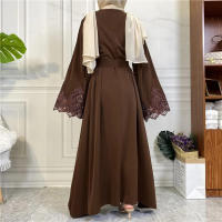 Vestido largo musulmán Abaya Jilbab para mujer, caftán de flores con cremallera de encaje, moda de Color sólido, Abayas de Dubai - details 12
