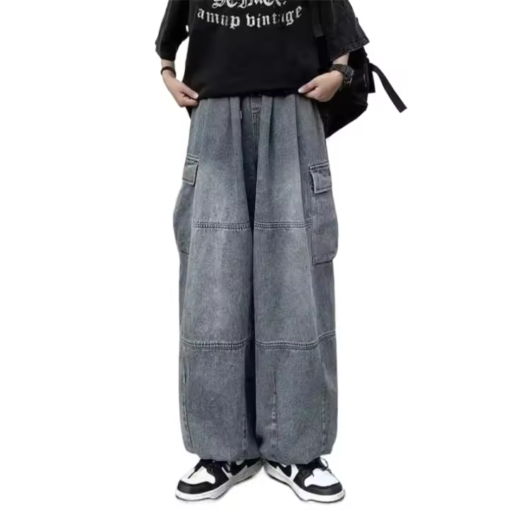 Pantalones vaqueros anchos para hombre, pantalones de calle, bolsillos grandes, cintura elástica - 1