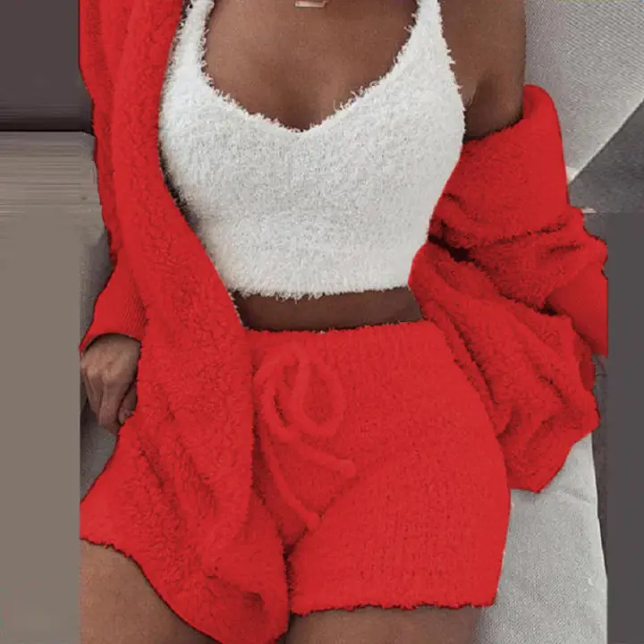 Conjunto de Dormir de Terciopelo para Mujer de Three Pieces Camiseta de Cuello Redondo, Pantalones Cortos, Chaqueta Larga Perfecto para Decoración Cálida en Casa - 1