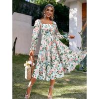Vestido con cuello cuadrado para mujer, vestidos florales de manga larga, elegante y bonito, - details 3