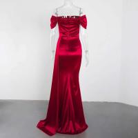Vestido de dama de honor plisado de satén elástico, hombros descubiertos, vestido de noche formal, apertura frontal, hasta el suelo - details 10