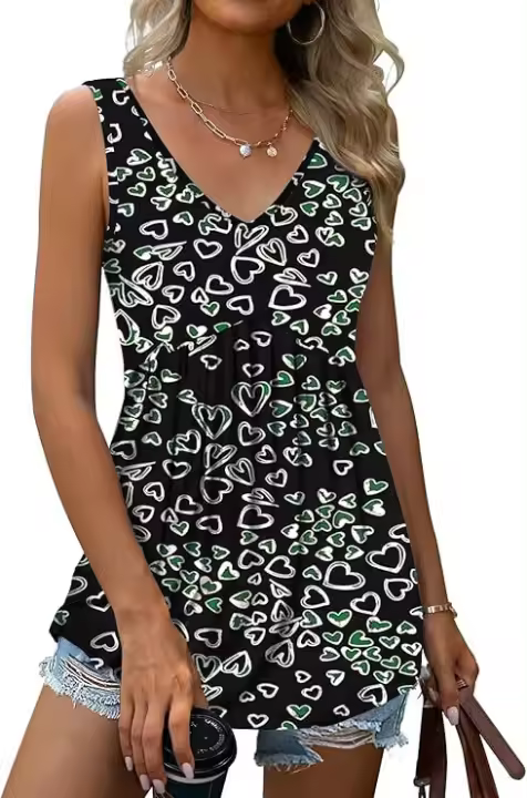Verano nuevo con cuello en v sin mangas chaleco falda casual estampado tropical de flores vestido mujer - 1