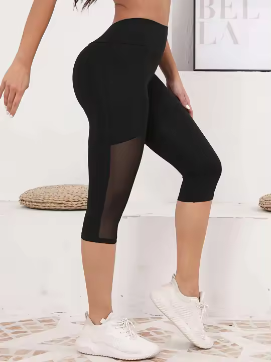 Leggings de ejercicio para mujer con empalme de malla y bolsillos Capri Tummy Tuck de cintura alta para yoga - 1