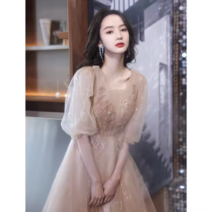 Vestido de dama de honor de color champán de alta gama, ligero y lujoso de noche de estilo francés para mujer, socialité, hada y noble, puede ser - 1