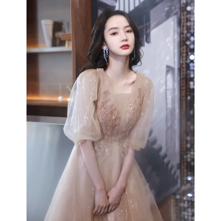 Vestido de dama de honor de color champán de alta gama, ligero y lujoso de noche de estilo francés para mujer, socialité, hada y noble, puede ser - 1