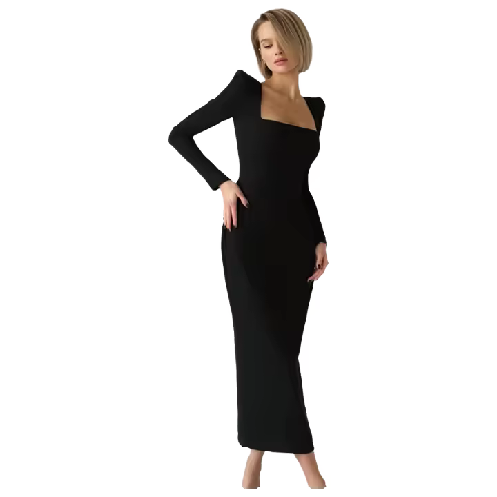 Vestido negro de estilo francés Hepburn para mujer, con cintura ceñida y cuello cuadrado, manga larga, otoño 2024 - 1