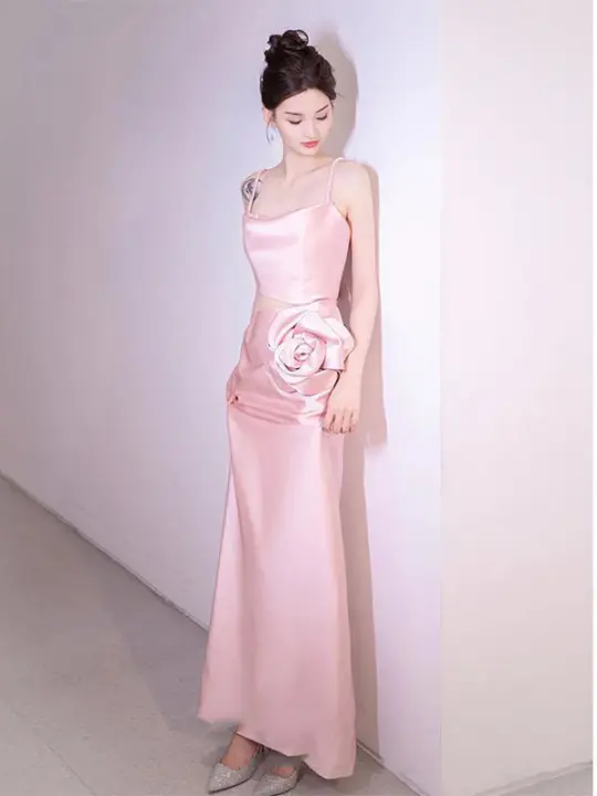 Vestido rosa de noche para mujer, vestido de lujo ligero francés de alta gama con tirantes para banquete, vestido de mañana para mujer 2025 - 1
