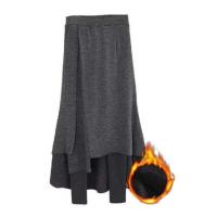 Falda de pantalones de cintura alta, cintura elástica, mallas gruesas, falda larga falsa de dos piezas con forro polar para mujer - details 16