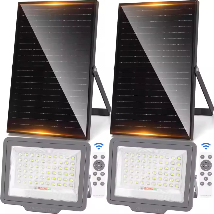 Foco solar exterior con mando a distancia,200W,gran panel solar y batería de gran capacidad 15000mAH.Luz solar LED,cable 2m, 6500K,para interior y jardín,patios,garajes o piscinas,2 piezas - 1