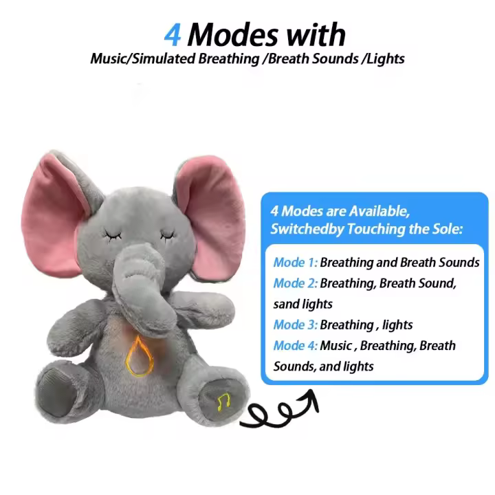 Peluche de Elefante Calmante Dormilón Ligero con Musica para Bebé Juguete Sensorial para Niños - 1