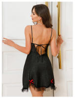 Vestido de tirantes sueltos con escote en V profundo para mujer, lencería sexy, camisón de encaje de satén fino - details 13