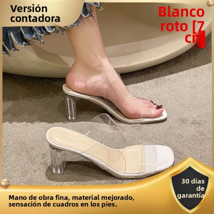 Transparente hermoso tacones altos zapatillas cristal sandalias de tacón grueso francés semi-drag temperamento socialite sandalias - 1