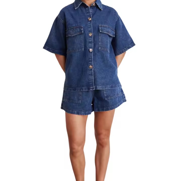 Trajes de verano para mujer, camisa de manga corta con botones de mezclilla de Color sólido y pantalones cortos elásticos, ropa de calle para discoteca, ropa de moda - 1