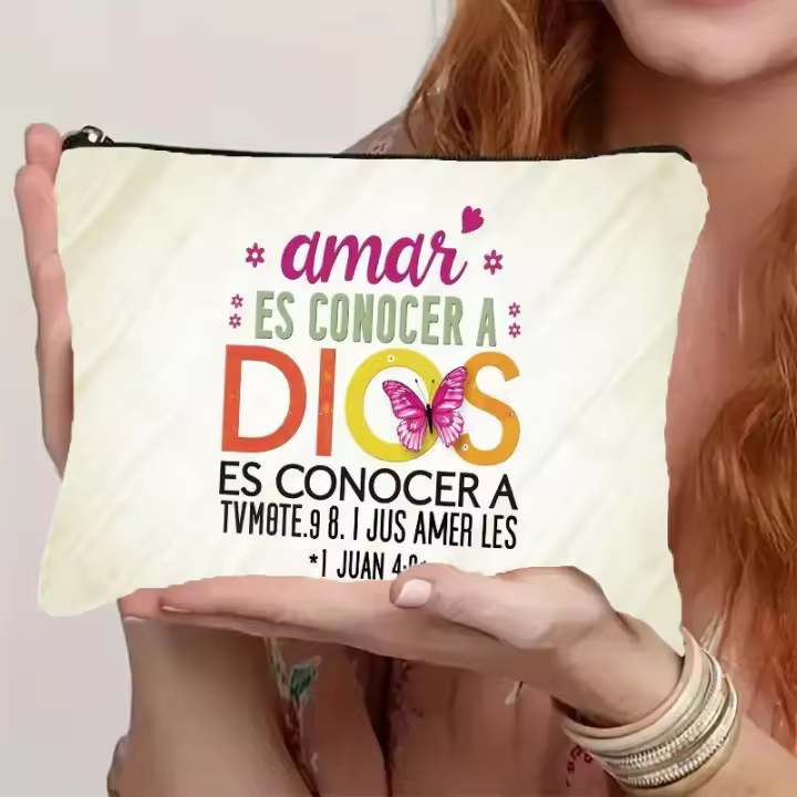 Bolsa de Maquillaje con Citas Bíblicas Inspiradoras en Español, Estuche Cosmético con Estampado de Mariposas y Cierre de Cremallera Resistente - Organizador de Artículos de Aseo Ligero y Portátil para Mujeres y Niñas, Idea de Regalo Cristiano para Artícul - 1