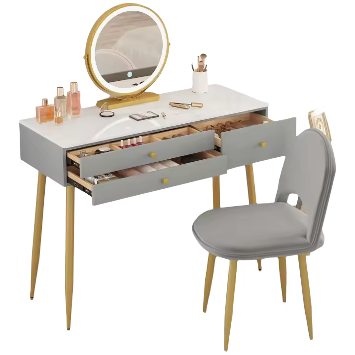 Tocador Maquillaje con Espejo de Luz Regulable en 3 Niveles, Mesa Tocador con 3 Cajones, Escritorio Grande 100x40 cm, Silla Ajustable en Respaldo de Terciopelo - 1