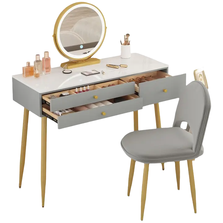 Tocador Maquillaje con Espejo de Luz Regulable en 3 Niveles, Mesa Tocador con 3 Cajones, Escritorio Grande 100x40 cm, Silla Ajustable en Respaldo de Terciopelo - 1