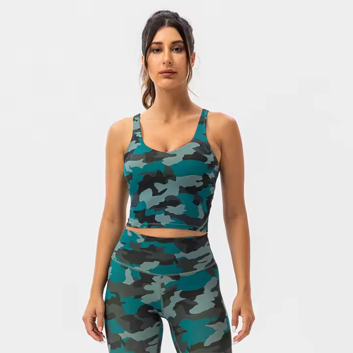 SHINBENE Sujetador Deportivo Largo de Cuello V para Mujer con Estampado de Camuflaje y Junto Incorporado para Yoga Fitness Workout Tamaño XS-XL - 1