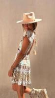 Vestido de estilo étnico, novedad de verano, jersey con cuello en V, mangas voladoras estampadas, Falda corta ceñida con cintura A-e para mujer - details 3