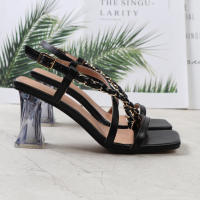 Sandalias de mujer de talla grande, color sólido, estilo trenzado, tacón alto con tiras y punta cuadrada - details 3