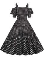 Vestido de fiesta Vintage elegante con hombros descubiertos, vestidos Midi de línea A con volantes y lunares de verano para mujer - details 37