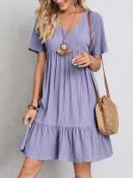 Vestido Sexy con volantes y cuello en V para mujer, vestido veraniego holgado Vintage bohemio informal liso para fiesta en la playa - details 2