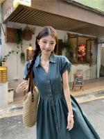 Vestido vaquero Vintage elegante con cuello en V, falda acampanada de longitud media, cintura alta coreana, manga corta, moda de verano para mujer - details 15