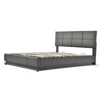 Cama de Almohada Tapizada 160 x 200cm LED, Rejilla Metálica, Caja de Cama, Doble Cama con Soporte de Cabeza Ajustable y Espacio de Almacenamiento Hidráulico Gris (Sin Colchón) - details 7