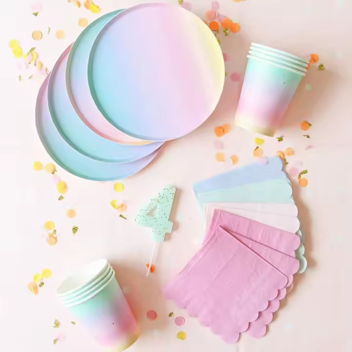 Juego de vajilla de arcoíris para decoración de fiesta de cumpleaños, platos de papel, vasos, servilletas, mantel desechable para Cena - 1