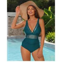 Traje de baño de una pieza con cobertura total de malla con control de barriga para mujer - details 15