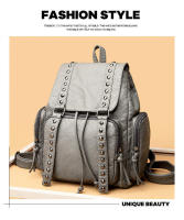Mochila De Cuero lavado con remaches de moda, mochila de viaje informal de cuero suave de PU retro, mochila de gran capacidad - details 0