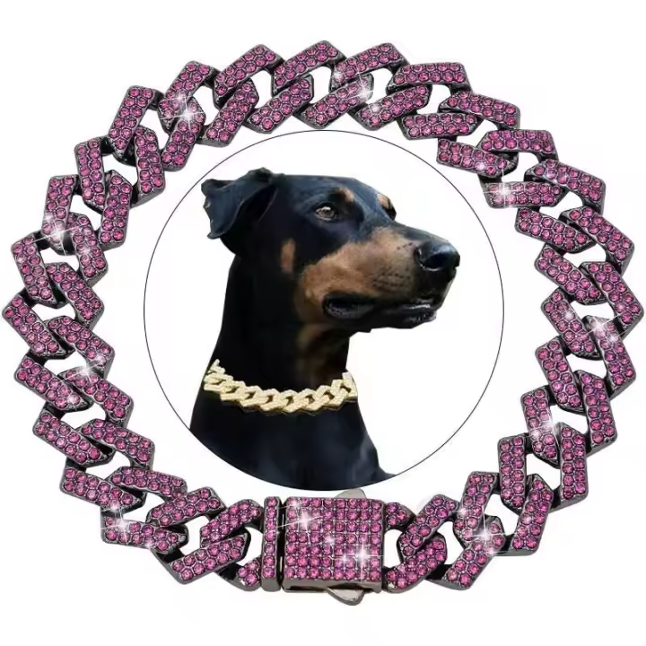 mascotas con perros y gatos 15MM, joyería, diamantes cubanos, Collar cadena de Metal para caminar - 1