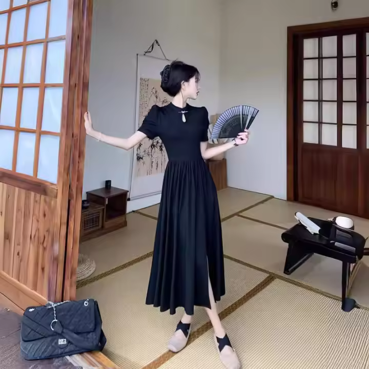 Nuevo vestido cheongsam chino mejorado con cuello levantado para mujer con sensación de lujo en verano, corto estilo Hepburn - 1