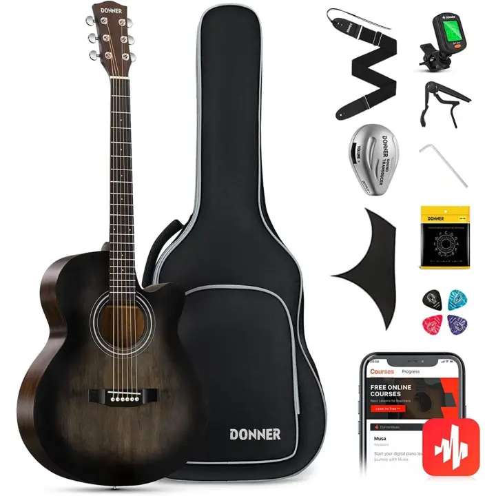 4/4 para Adulto Principiantes Guitarra Kit Mini Jumbo Cutaway 40 Pulgadas con Pickup Bolsa Cuerda Afinador Negro - 1