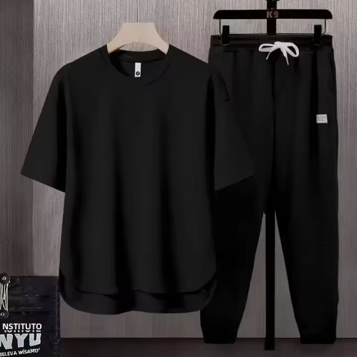 Conjunto De Verano Para Hombre Con Camiseta Y Pantalones Cortos De Algodón Transpirable Color Sólido Talla Grande Moda Casual - 1