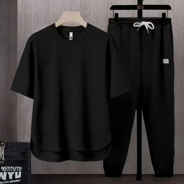 Conjunto De Verano Para Hombre Con Camiseta Y Pantalones Cortos De Algodón Transpirable Color Sólido Talla Grande Moda Casual - 1
