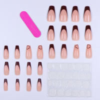 24pcs Uñas Postizas De Ballerina Marrón Francesa Con Patrón De Corazones Desmontables Y Reutilizables Con Pegamento De Gel Y 1 Cuchara Para Cutículas Para Mujeres - details 2