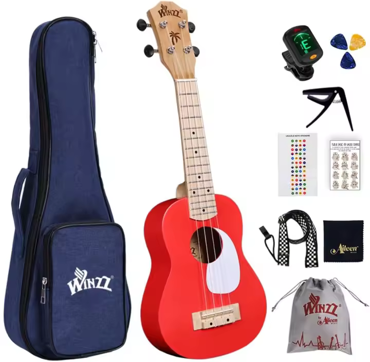 Set para Adulto Principiantes y Niños, Ukelele Concierto de 23 Pulgadas con 9 Accesorios, 4 Cuerdas (Color: Negro, Madera) - 1